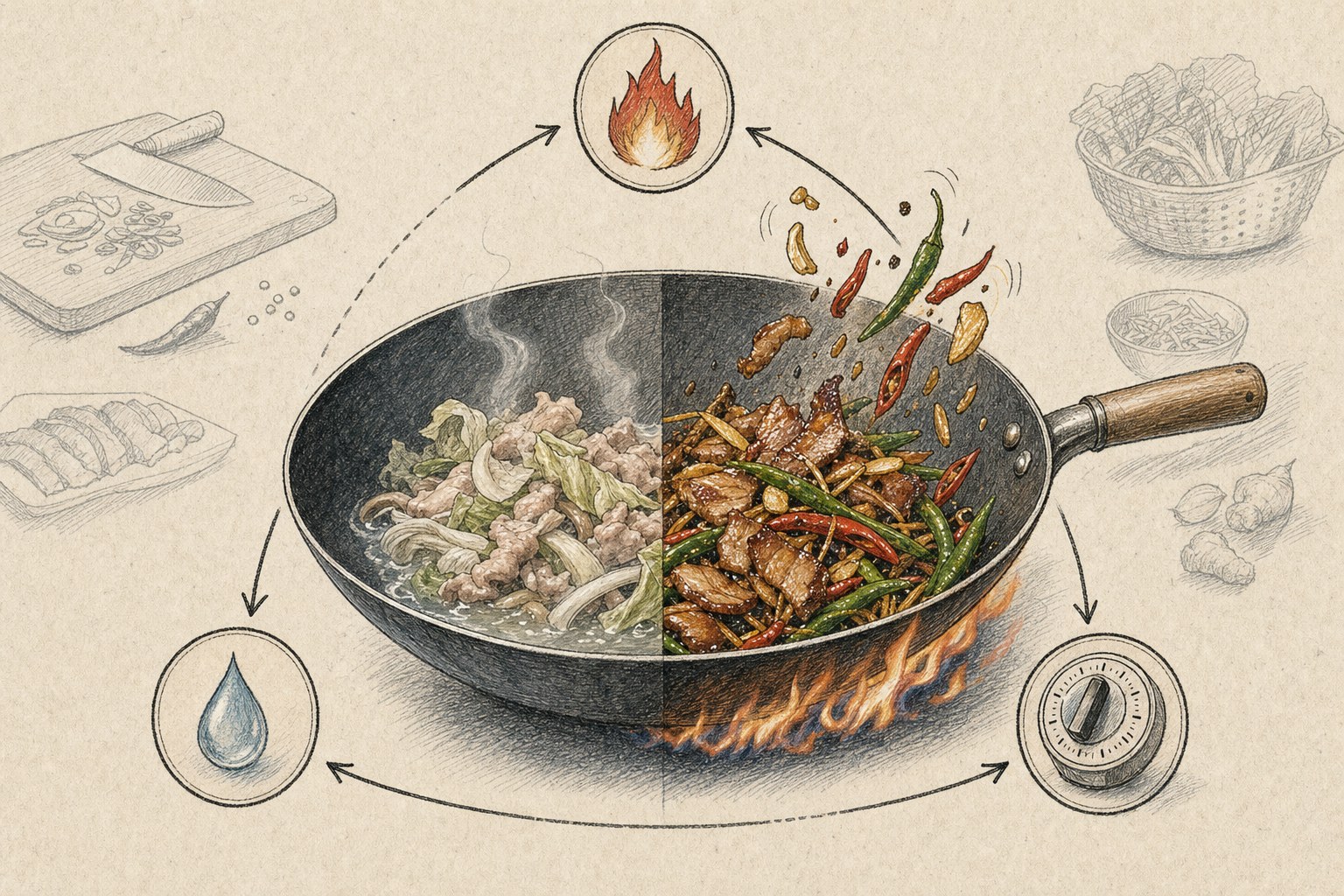 A hand-drawn wok split between a watery failed stir-fry and a hot successful stir-fry