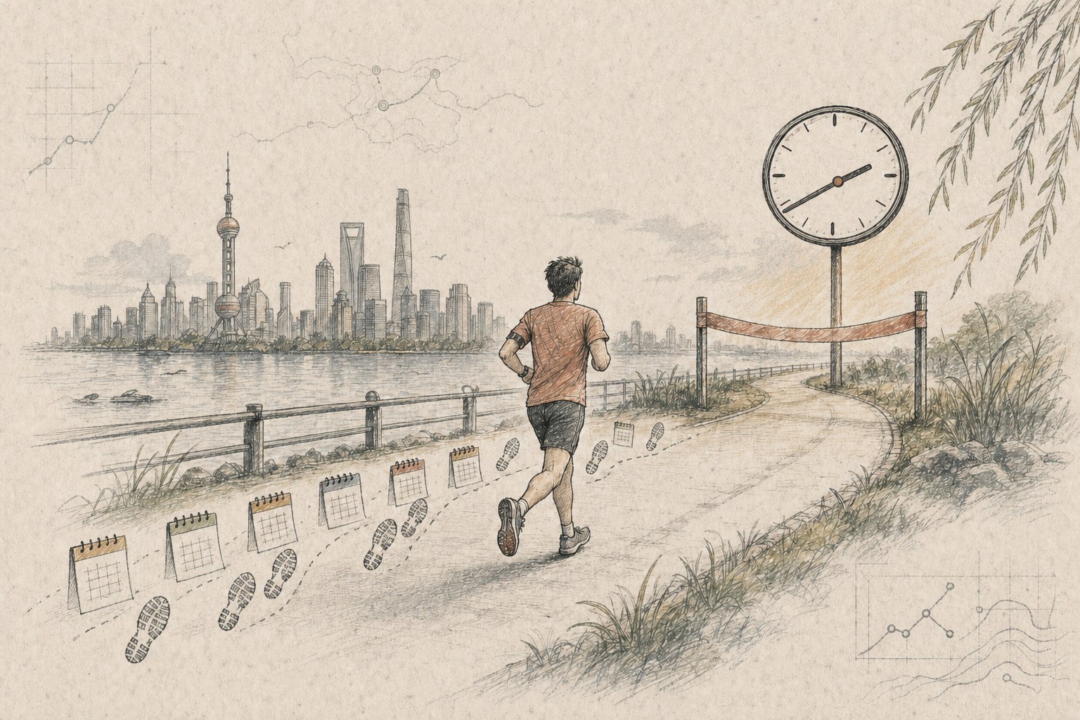 A hand-drawn runner following a trail of monthly kilometers toward a half-marathon clock