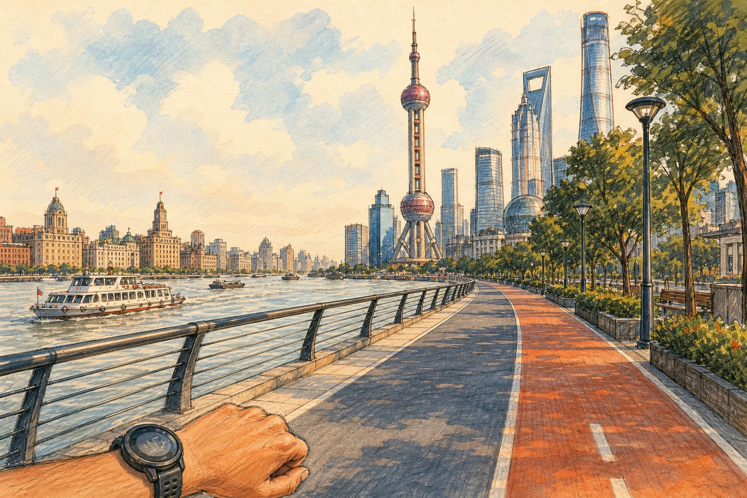 A runner’s-eye view of the Pudong riverside path through Lujiazui