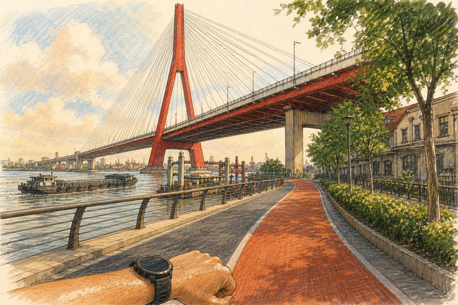 A runner’s-eye view approaching Yangpu Bridge from the Pudong riverside path