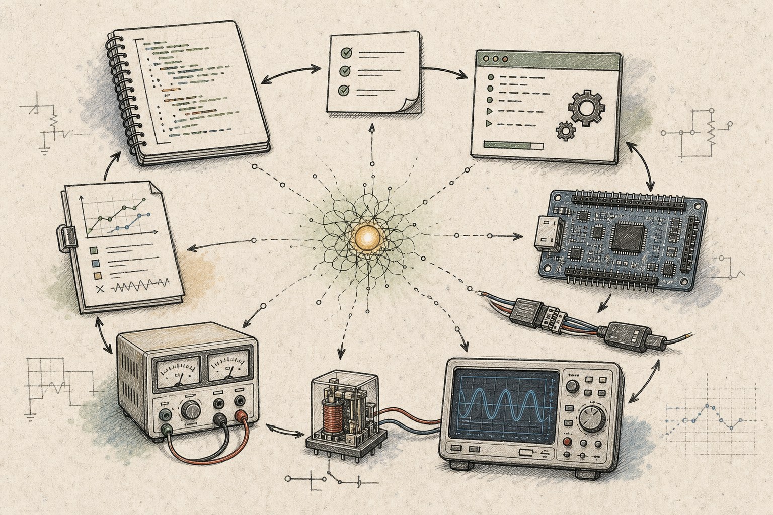 A hand-drawn engineering loop connecting AI, code, tools, embedded hardware, and test instruments