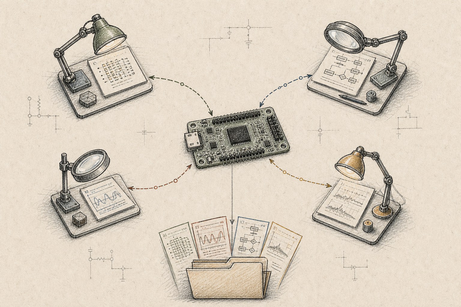 Four hand-drawn AI auditors independently inspecting the same firmware board