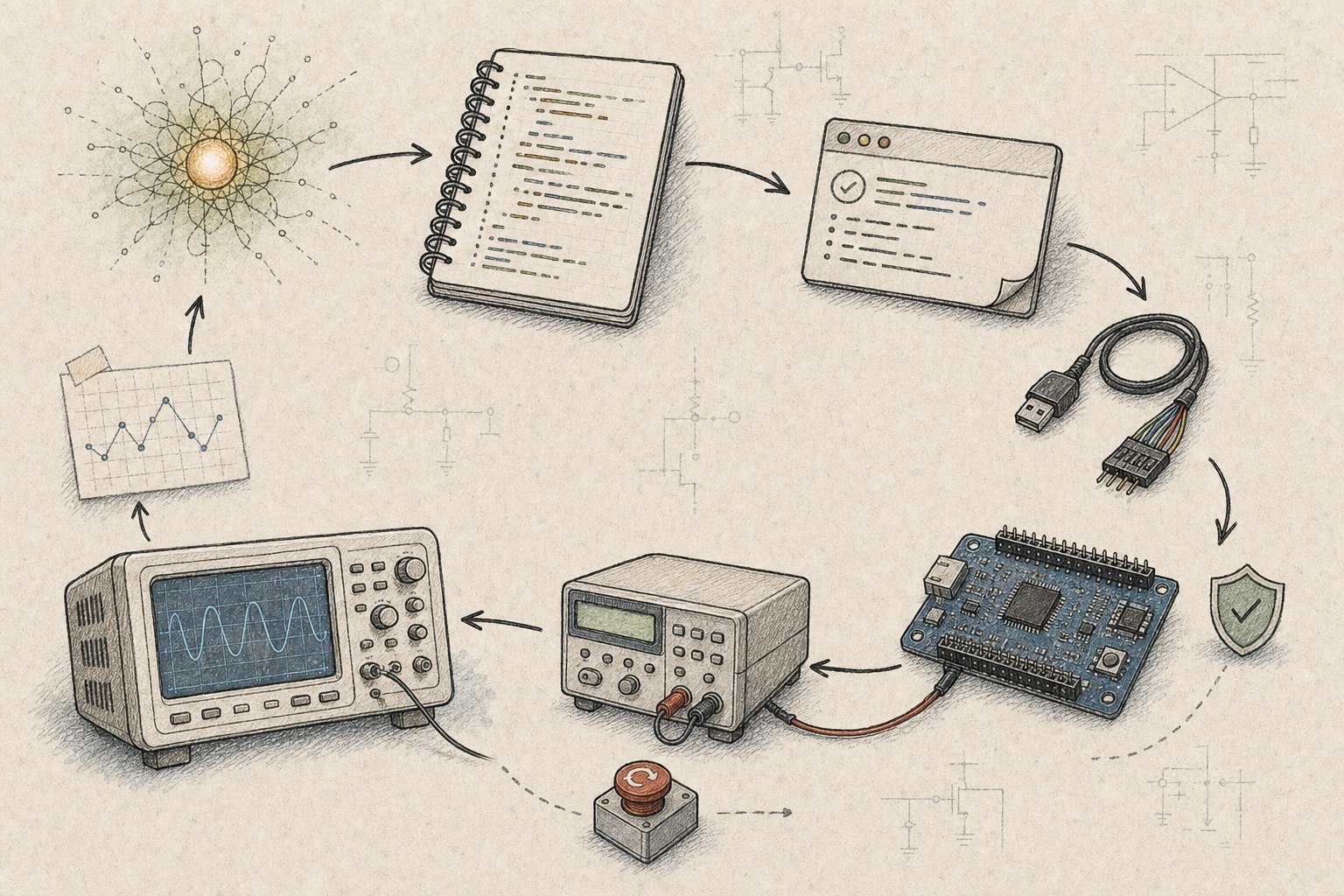 A hand-drawn path from an AI prompt through firmware tools to an oscilloscope waveform
