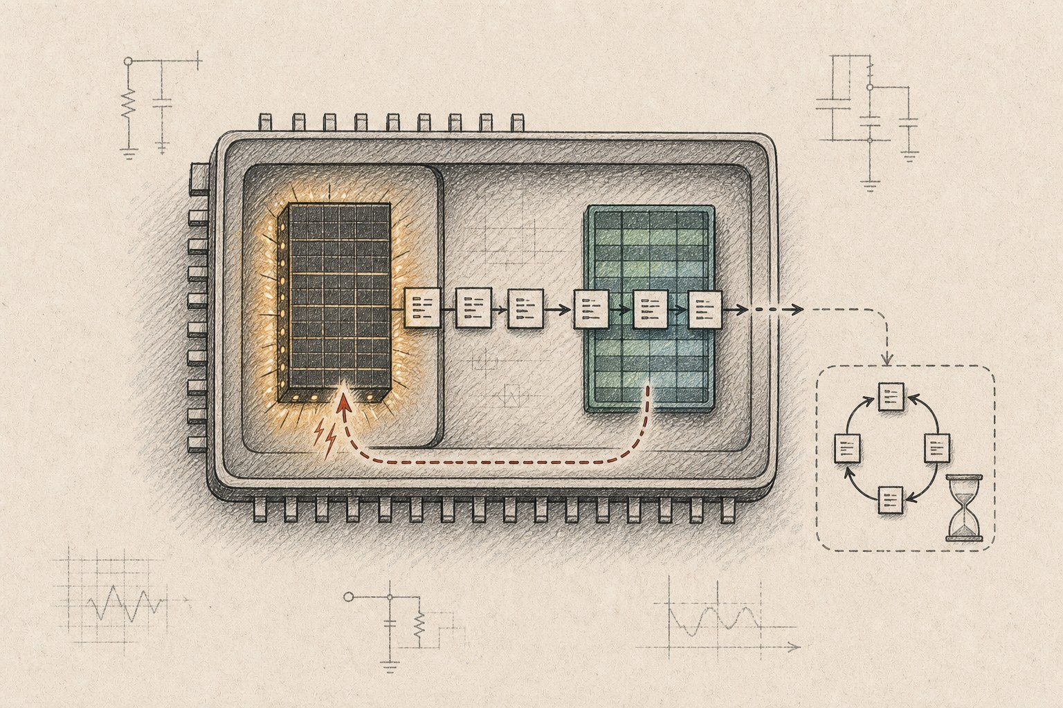 A hand-drawn microcontroller with code crossing from Flash into SRAM while Flash is busy